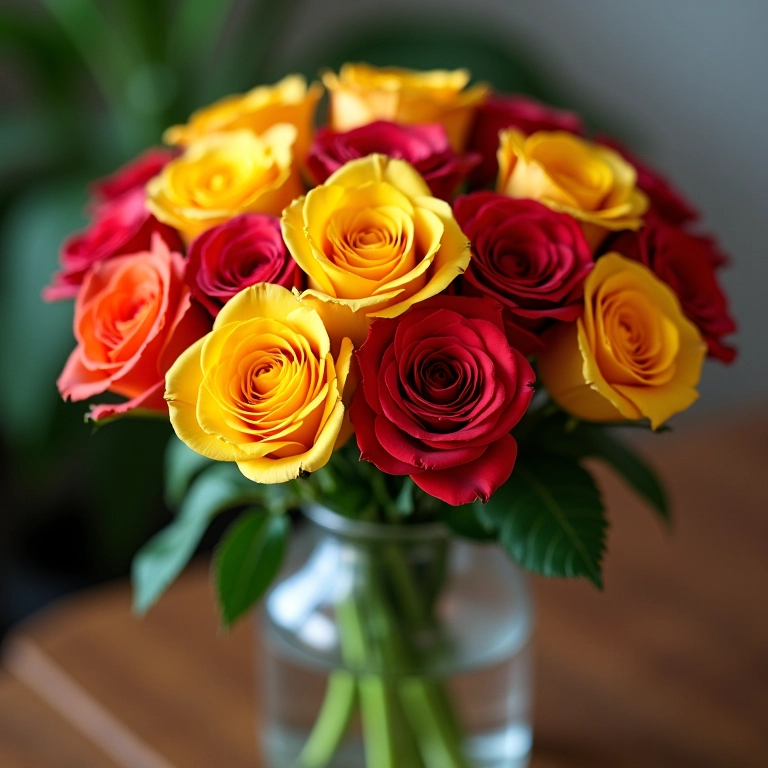 Buquê com rosas coloridas em vaso.