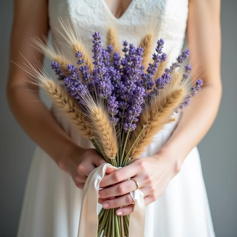 Buquê de noiva com flores secas de lavanda e trigo