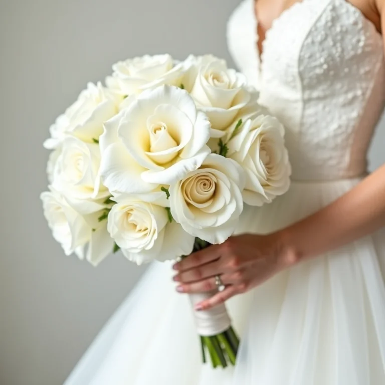 Buquê de noiva com rosas brancas e peônias