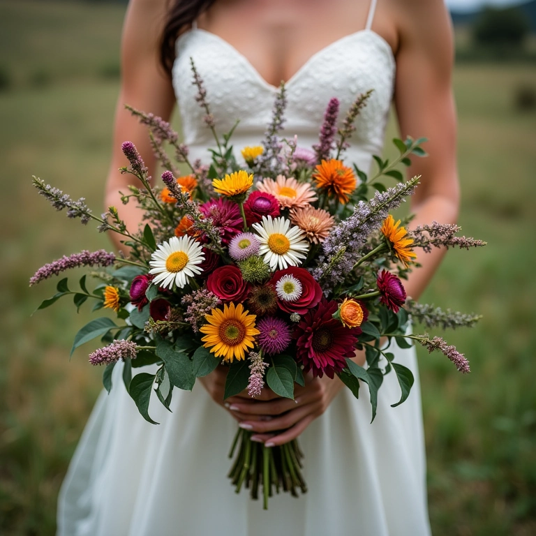 Buquê de noiva redondo com flores silvestres coloridas.