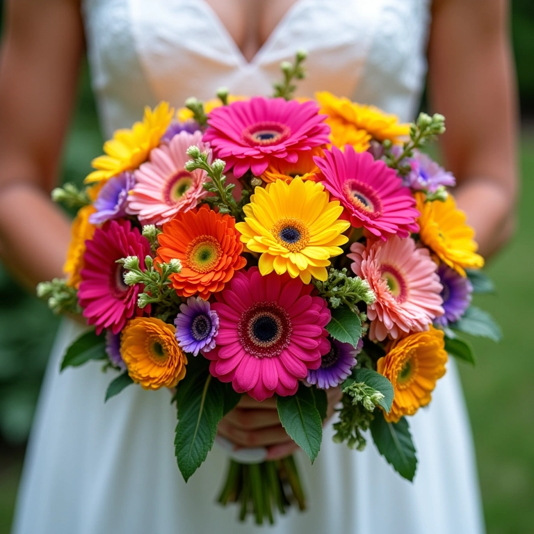 Buquê de noiva redondo e colorido com flores diversas.