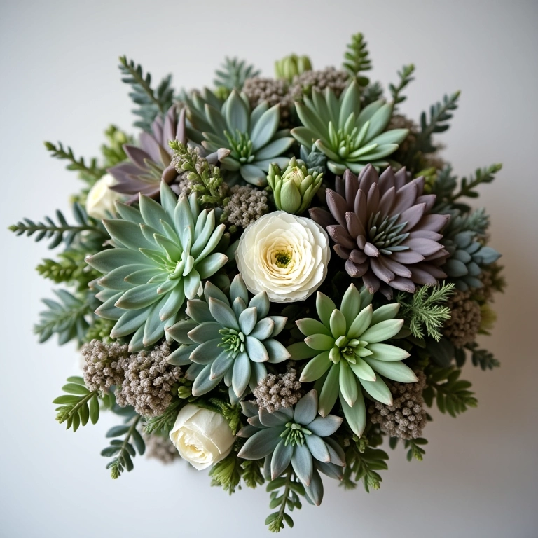 Buquê de noiva redondo moderno com suculentas.