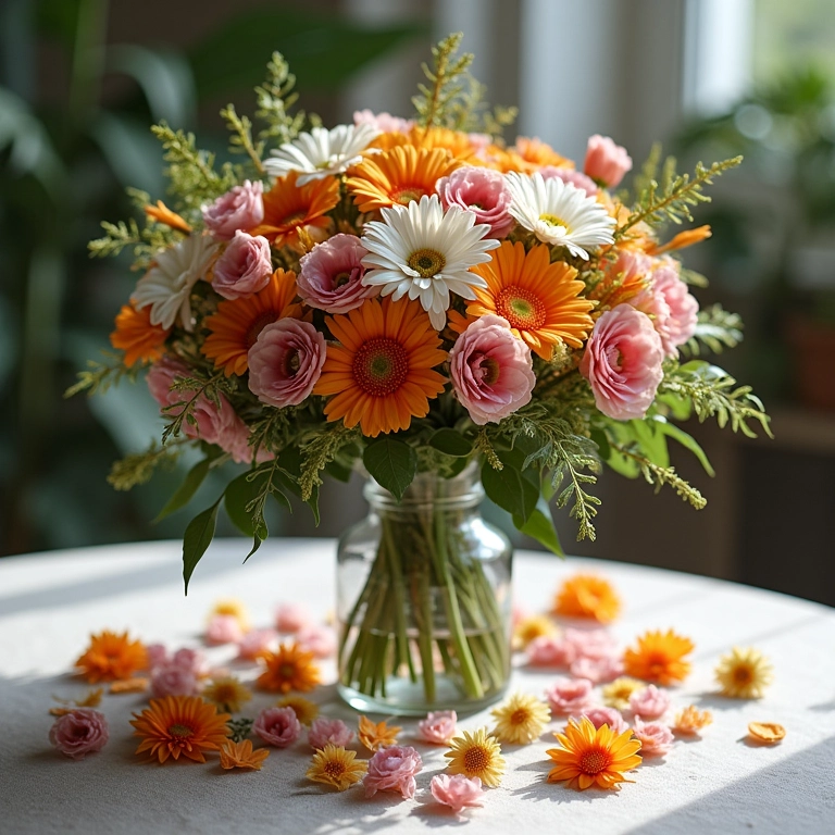 Buquê desconstruído com flores espalhadas.