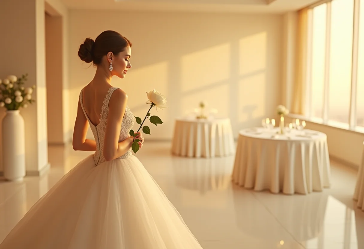 Buquê minimalista com uma rosa branca em casamento de luxo.