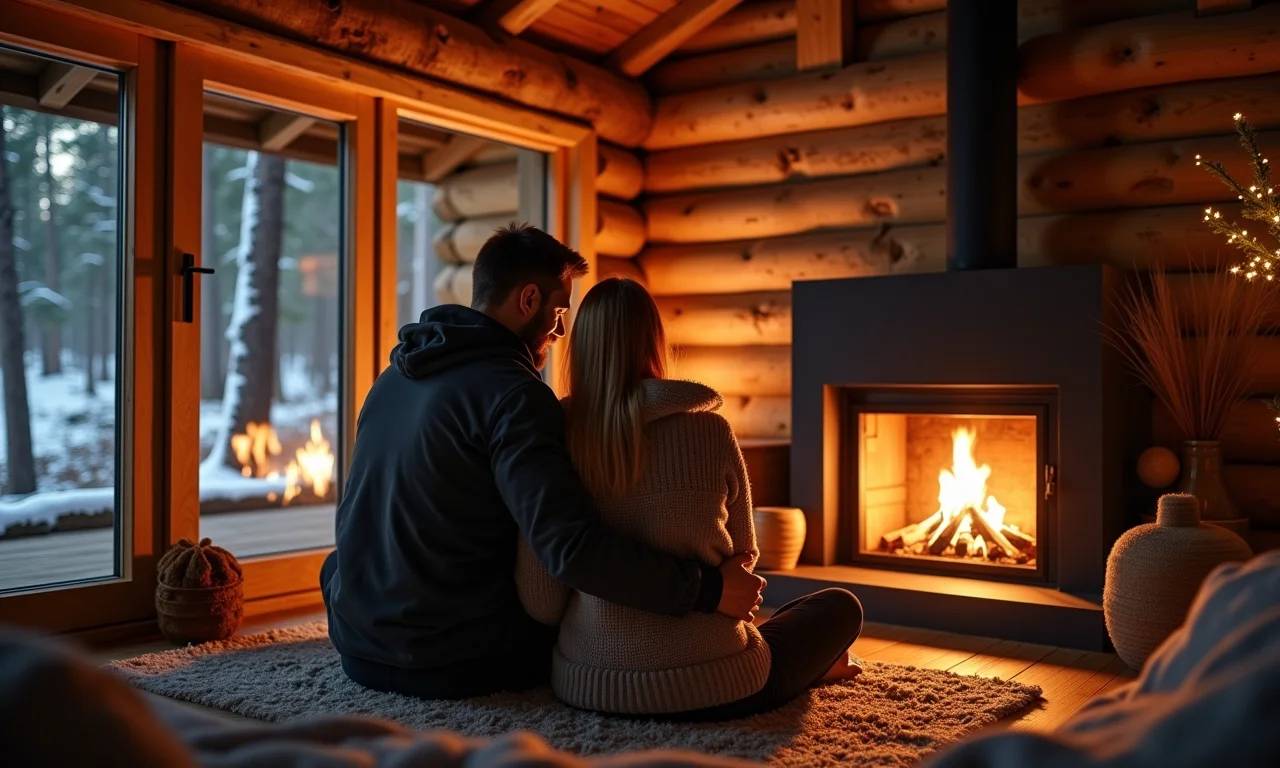 Cabana aconchegante em Canela com lareira e casal aproveitando o inverno.