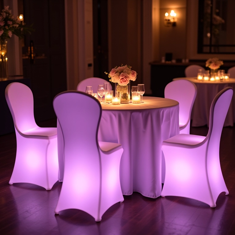 Cadeiras de LED iluminadas em casamento.