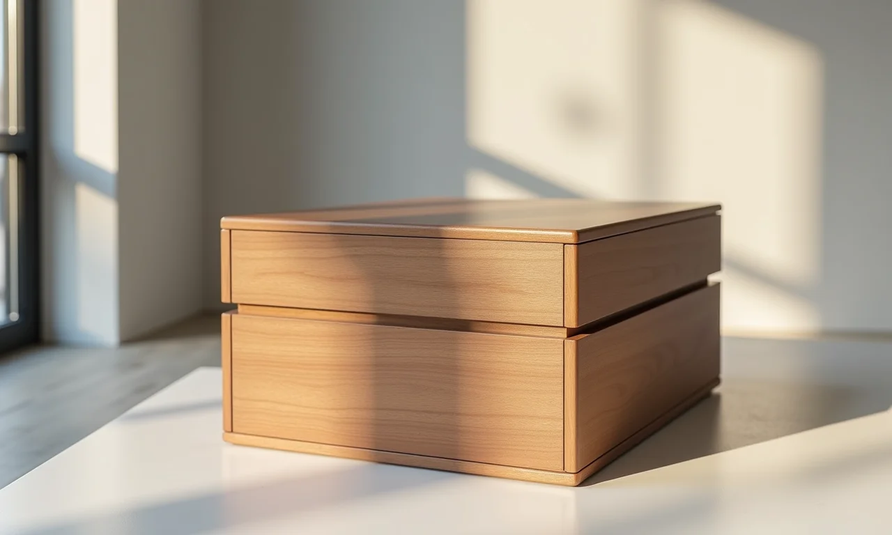 Caixa de madeira moderna com design minimalista em apartamento sofisticado.
