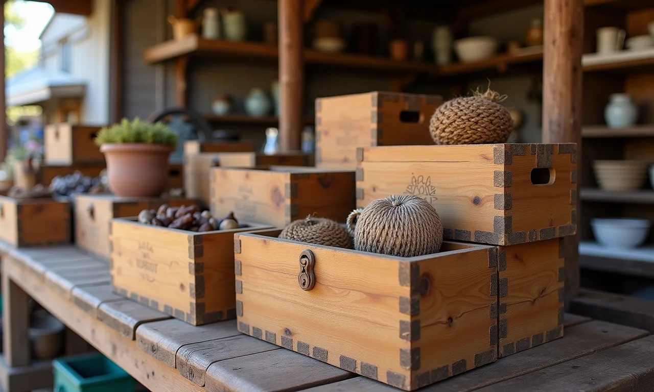Caixas de madeira baratas à venda em mercado de pulgas com luz natural.