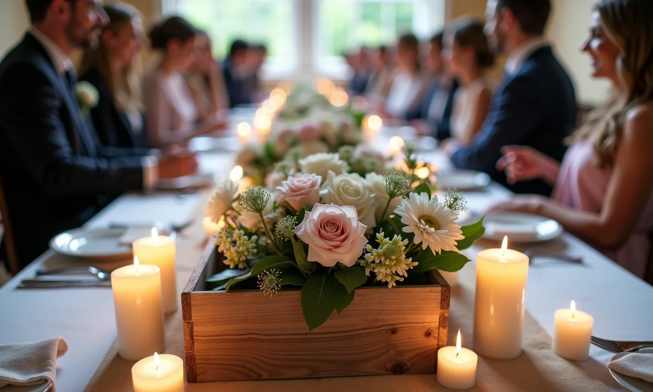 Caixas de madeira como centro de mesa elegante em casamento rústico-chique.