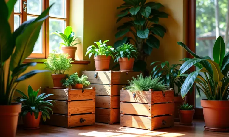 Caixas de madeira rústicas empilhadas em decoração vibrante, estilo Farm Rio.