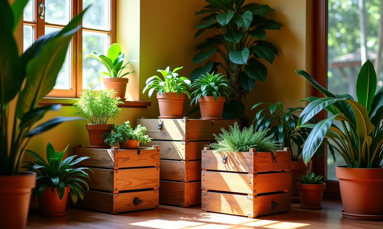 Caixas de madeira rústicas empilhadas em decoração vibrante, estilo Farm Rio.