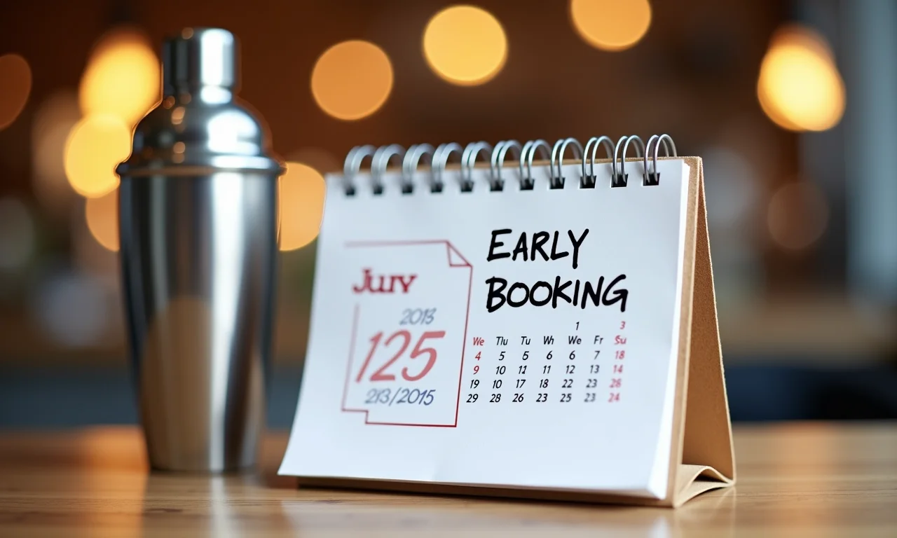 Calendário marcando uma data, coqueteleira ao lado, representando reserva antecipada.