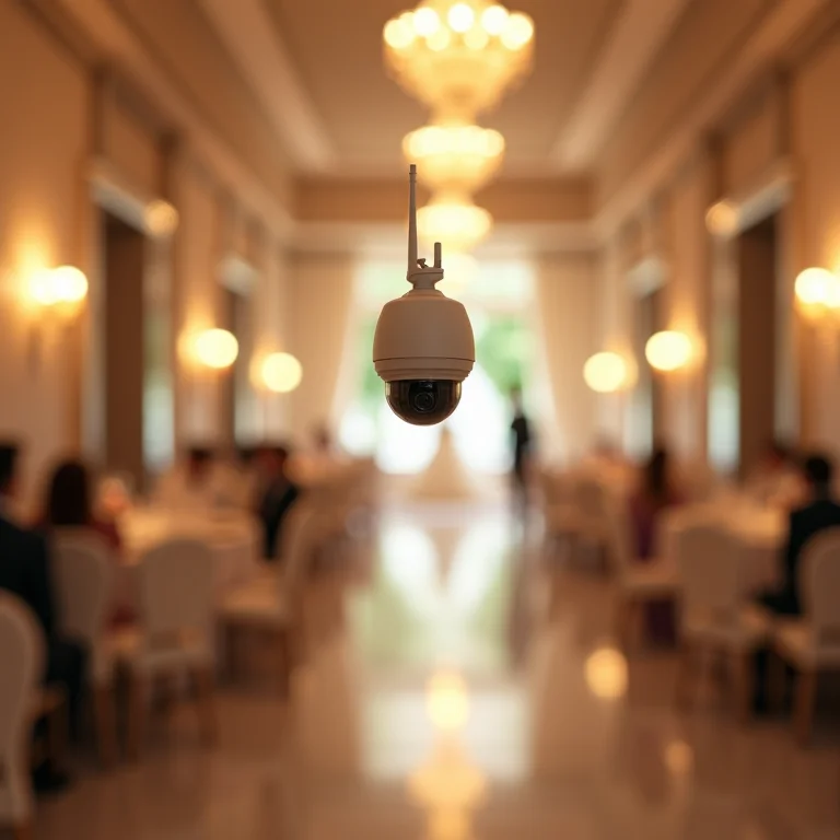 Câmera de segurança discreta monitorando a recepção.