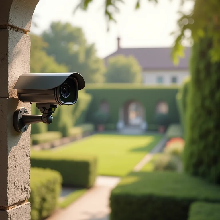Câmera de segurança monitorando um jardim de casamento.