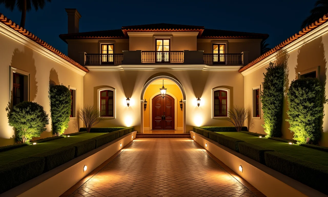 Canhões de luz valorizando a arquitetura de um local de casamento.