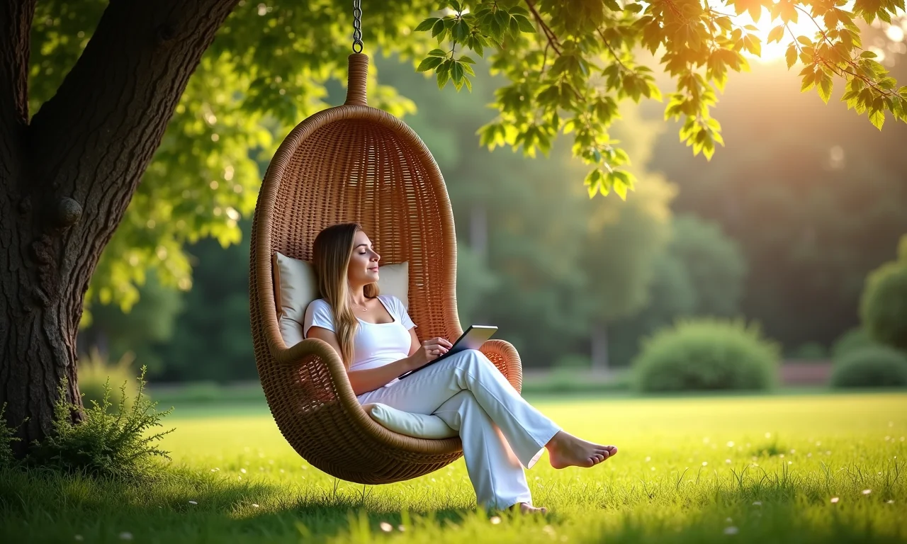 Cantinho relaxante no jardim com balanço de vime e almofadas coloridas.