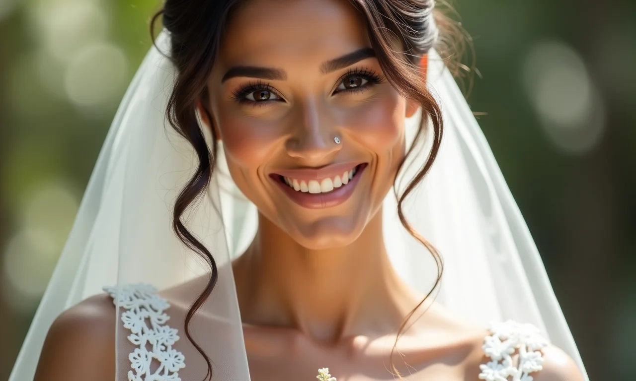 Capa de revista de casamento elegante com noiva sorrindo.