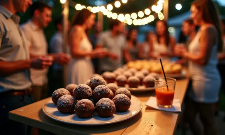 Carrinho de brigadeiro em festa brasileira, repleto de doces e convidados.