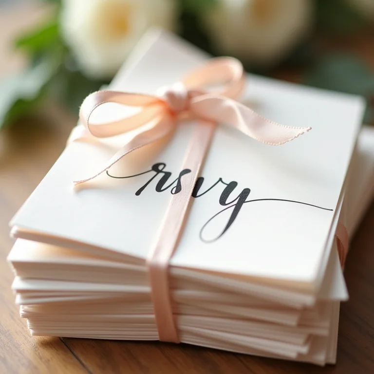 Cartões de RSVP manuscritos amarrados com fita de seda