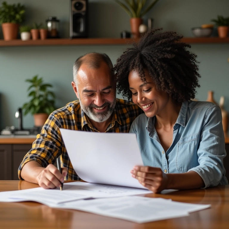 Casal analisando finanças em casa com decoração vibrante.