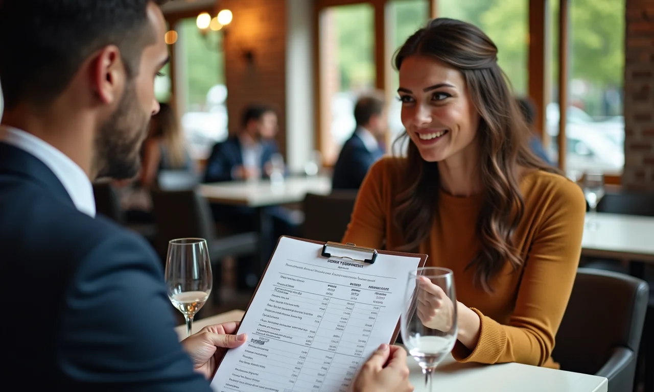 Casal analisando o custo-benefício das opções de casamento em restaurante.