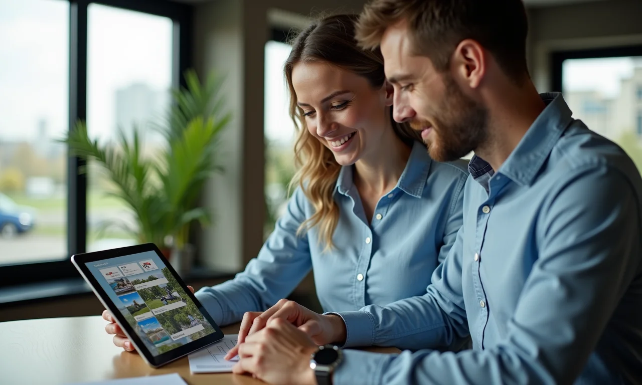 Casal analisando opções de heliponto em tablet, ambiente de escritório moderno.