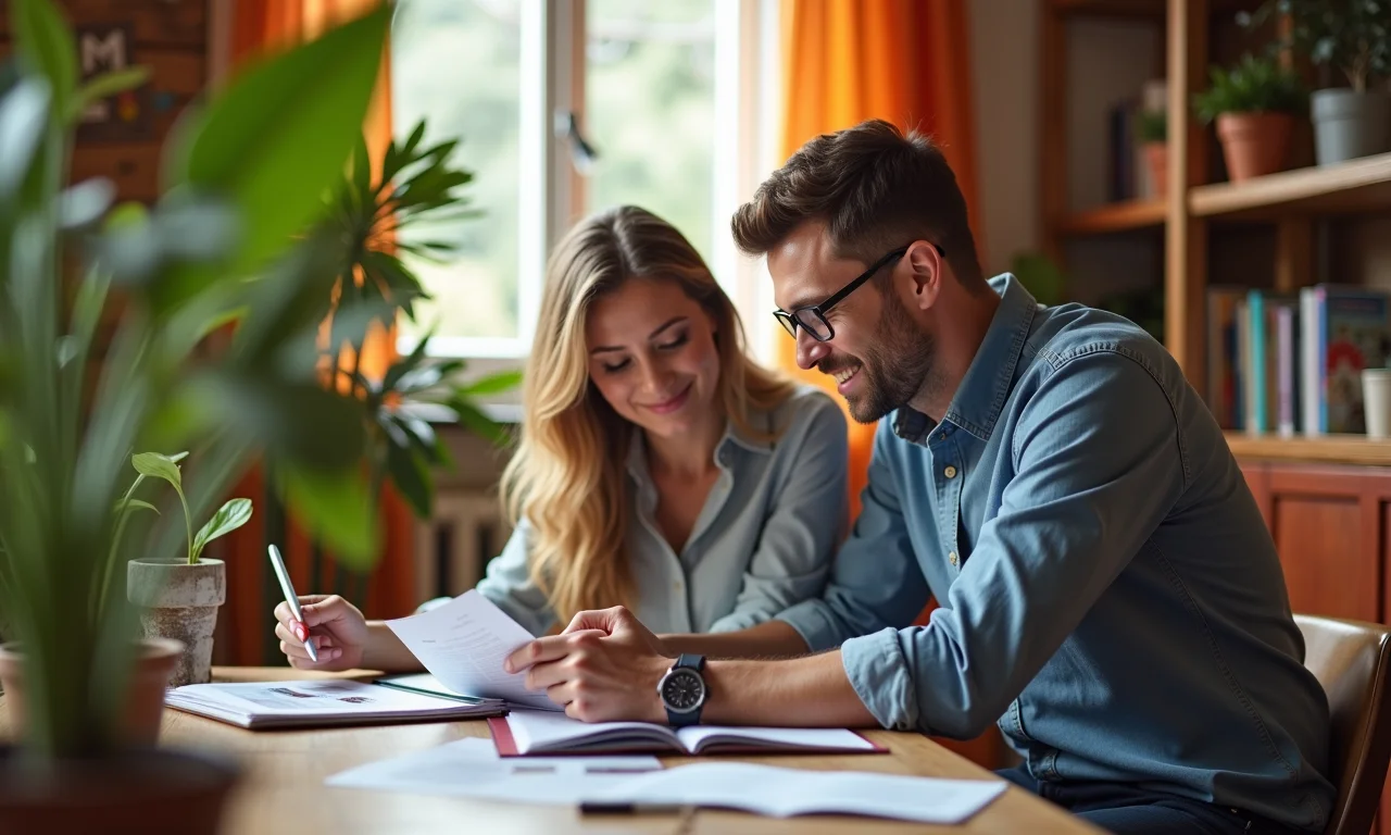 Casal analisando portfólios e cases de sucesso de fornecedores de casamento.