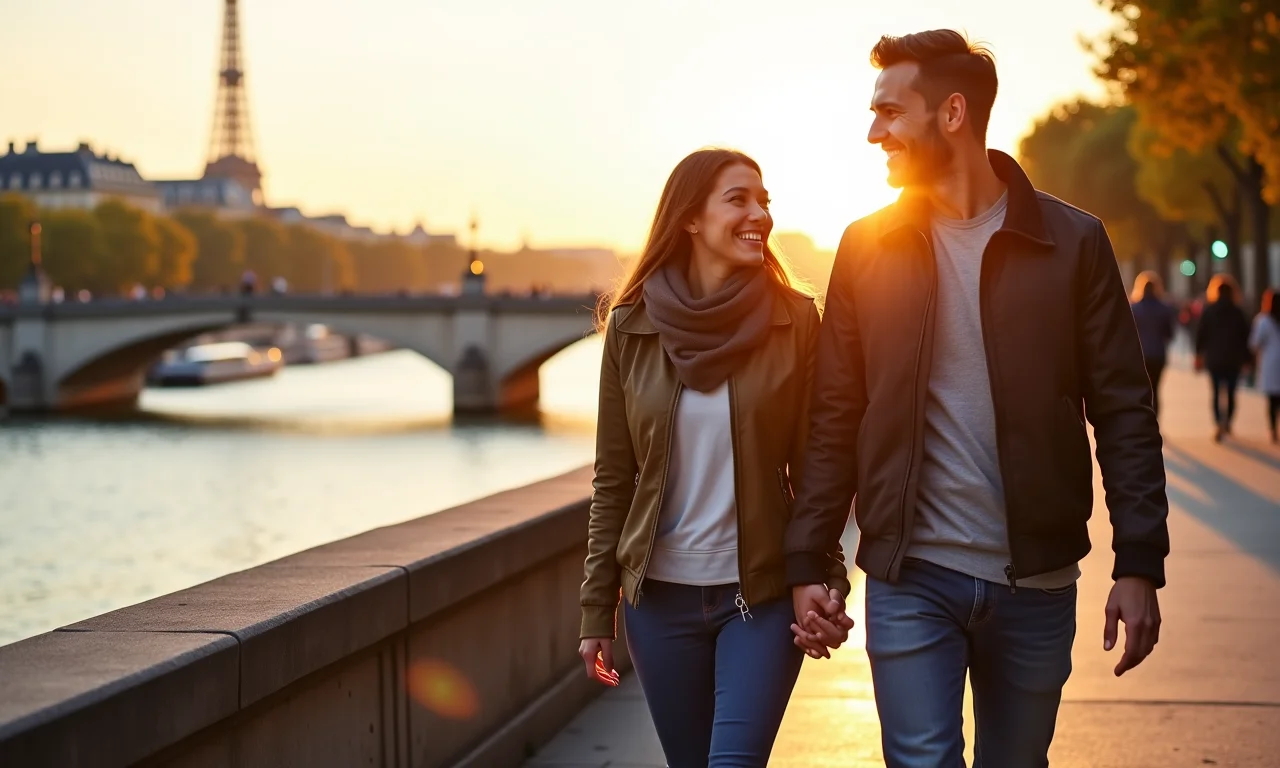 Casal apaixonado caminhando às margens do Rio Sena em Paris durante a hora dourada.
