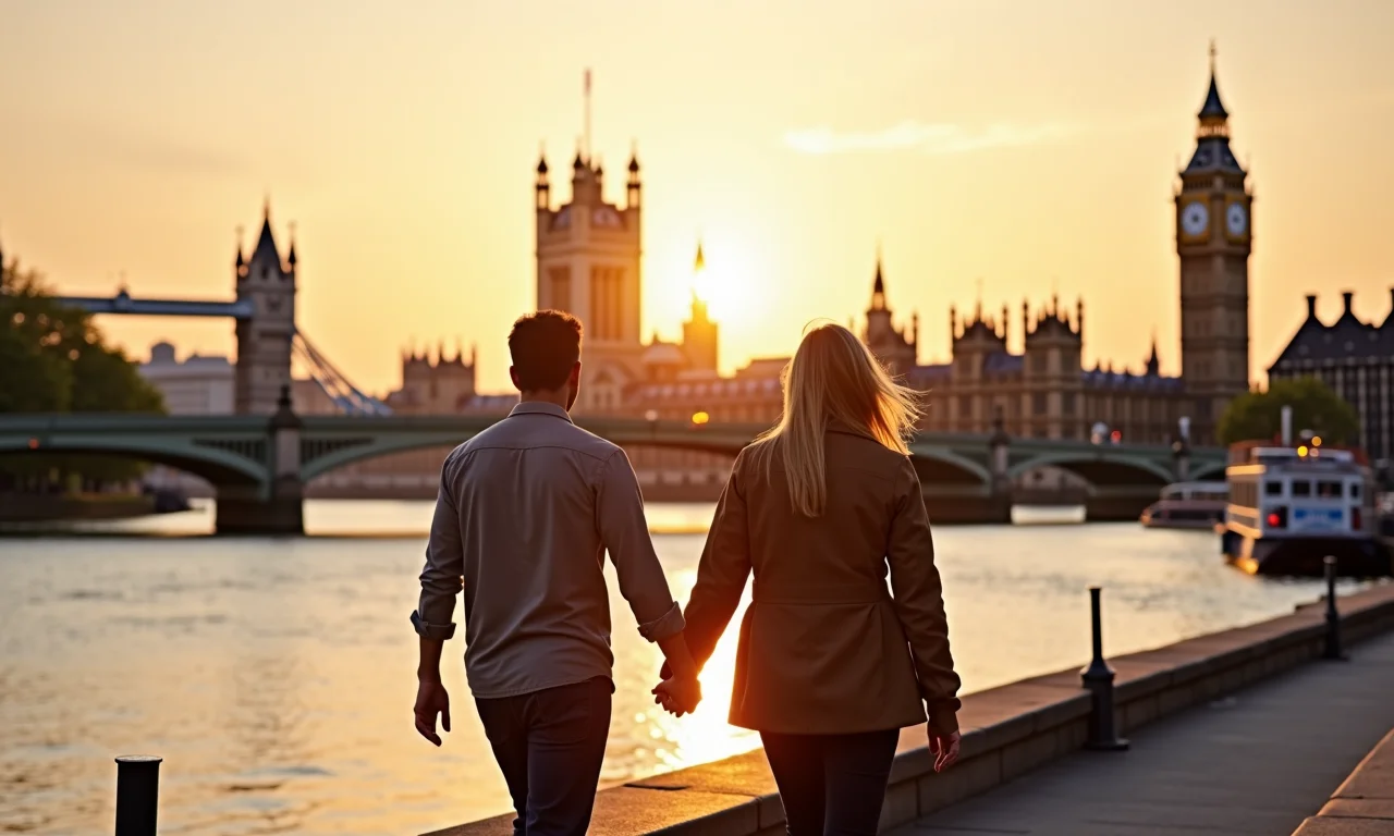 Casal apaixonado caminhando às margens do Rio Tâmisa em Londres durante a lua de mel.