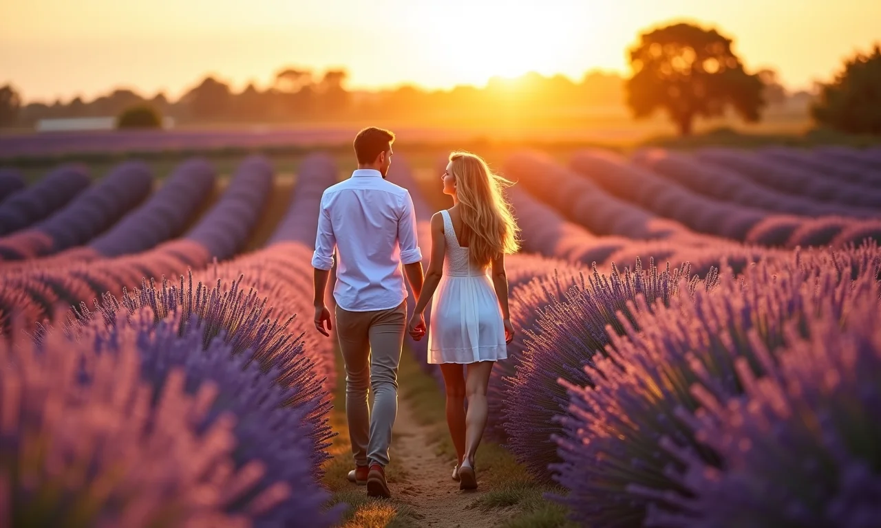 Casal apaixonado caminhando em campos de lavanda na Provence.