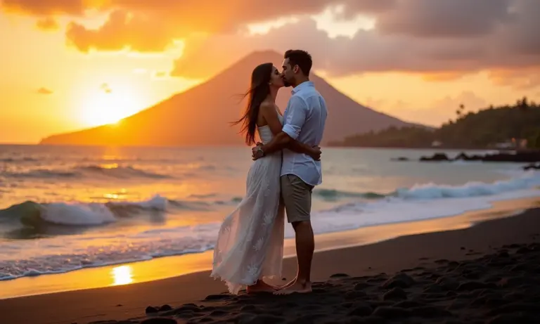 Casal apaixonado em praia de areia preta no Havaí ao pôr do sol, vulcão ao fundo.