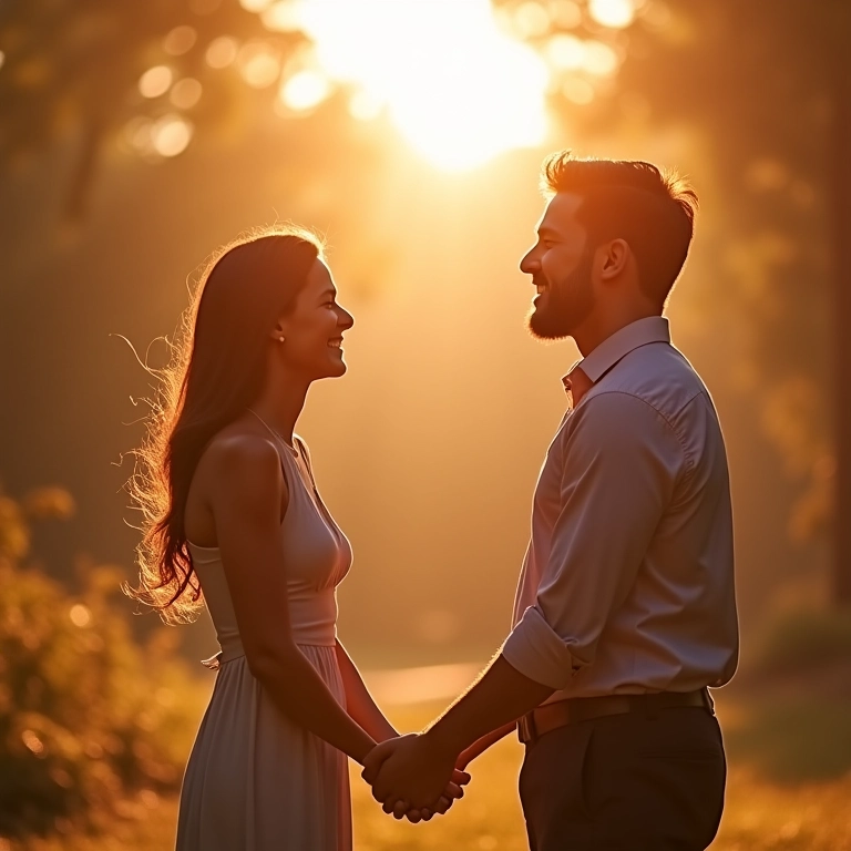 Casal apaixonado olhando para o futuro, pensando em casamento.