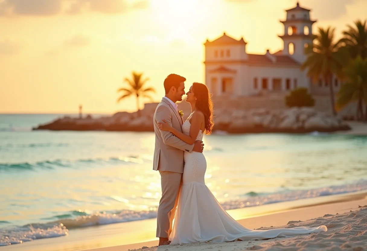 Casal apaixonado se abraça em praia paradisíaca da Riviera Maya ao pôr do sol.