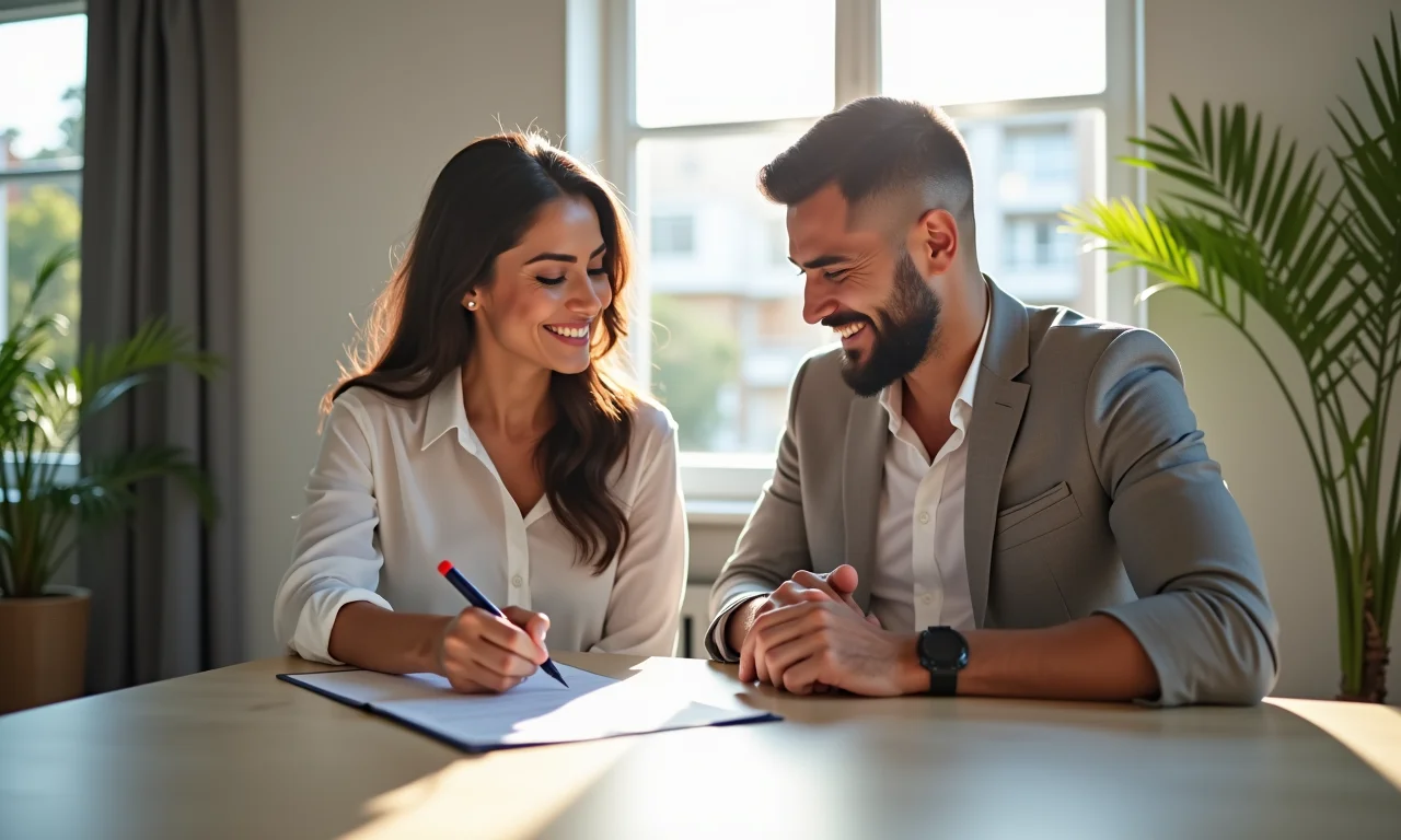 Casal brasileiro assinando contrato de empréstimo.