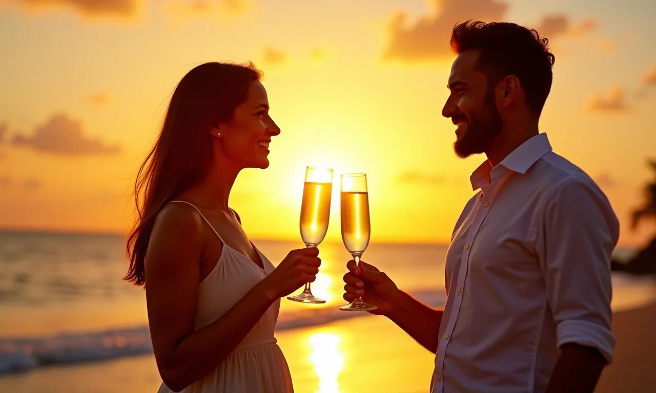 Casal brasileiro brindando na praia ao pôr do sol, celebrando a lista de casamento.