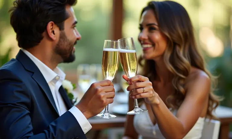 Casal brasileiro celebrando o casamento com champanhe, decoração vibrante.