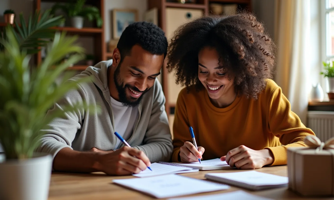 Casal brasileiro escrevendo cartões de agradecimento pelos presentes de casamento.
