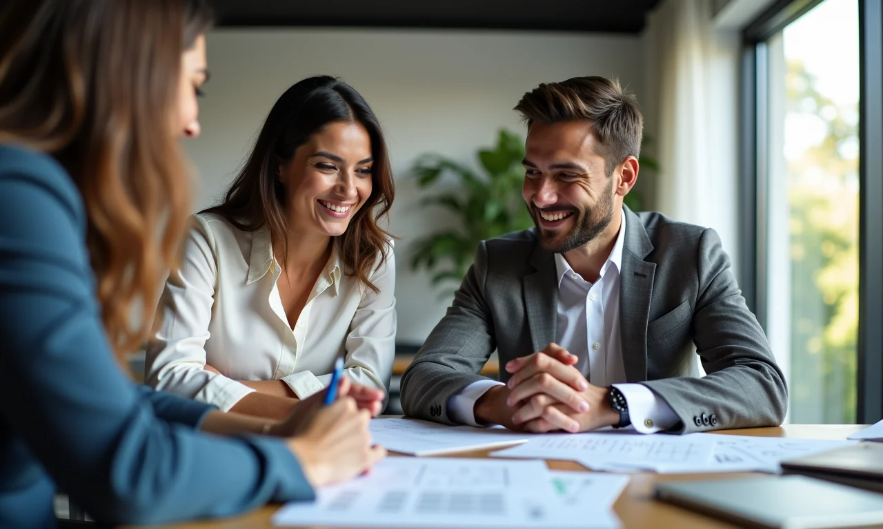 Casal brasileiro planejando casamento com consultor de consórcio.