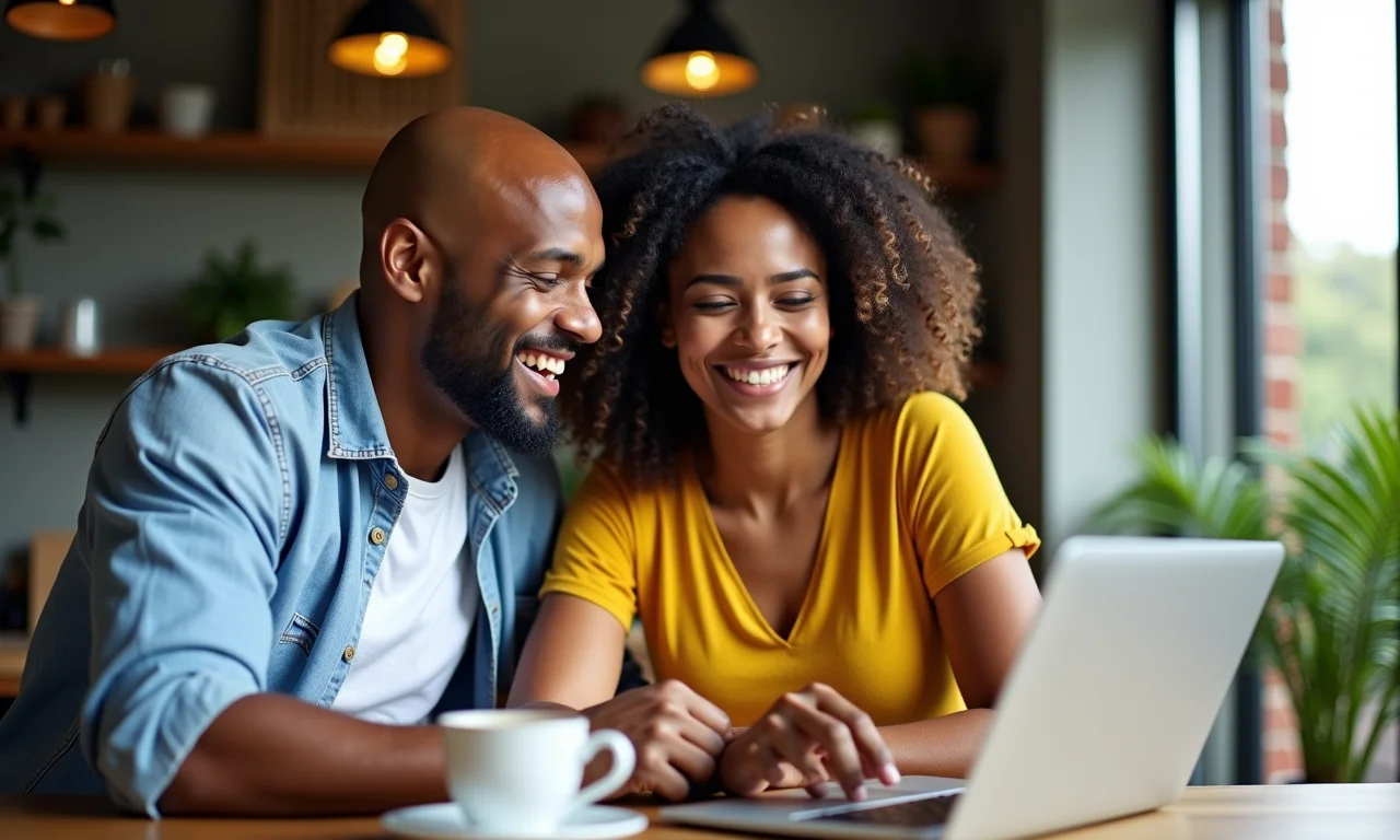 Casal brasileiro sorrindo, planejando a lua de mel e discutindo sobre pedir dinheiro de presente.