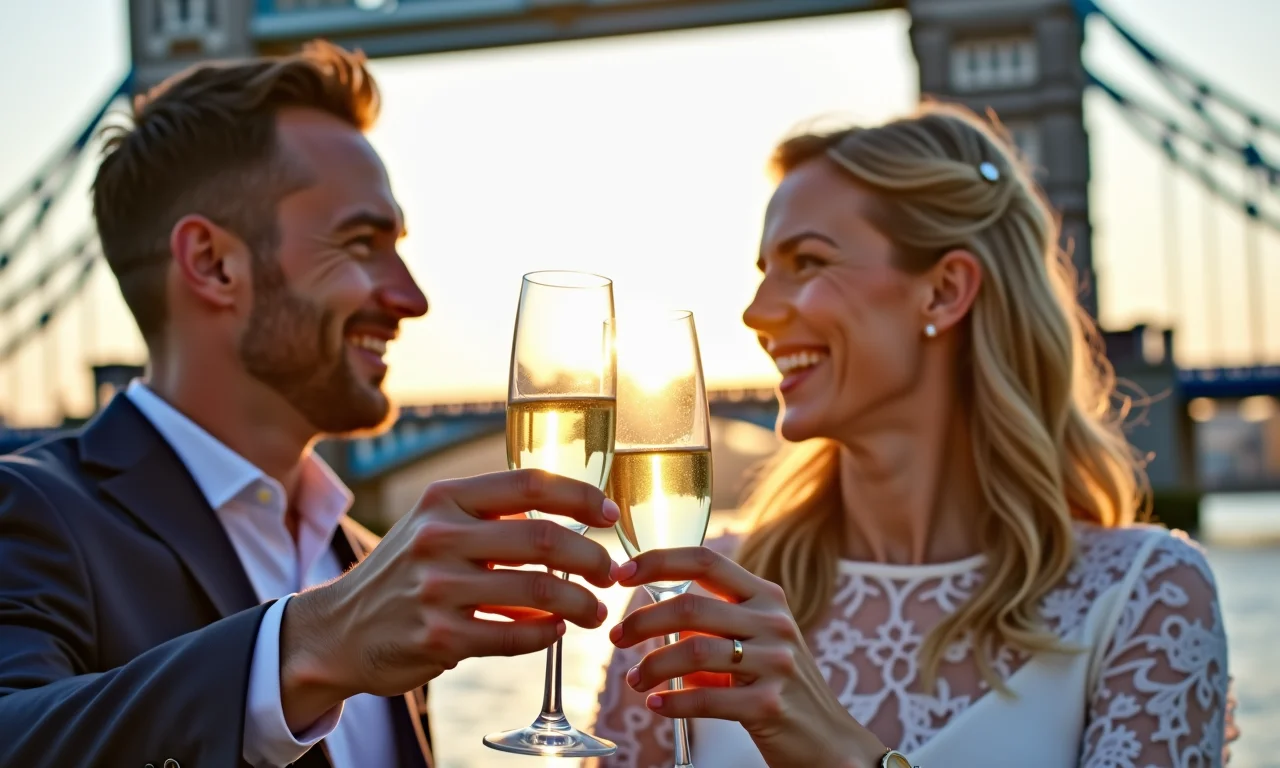 Casal brindando com champanhe em frente à Tower Bridge em Londres, celebrando a lua de mel.