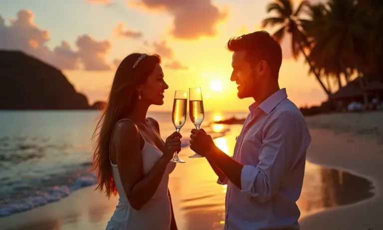 Casal brindando na praia ao pôr do sol, celebrando a lua de mel.
