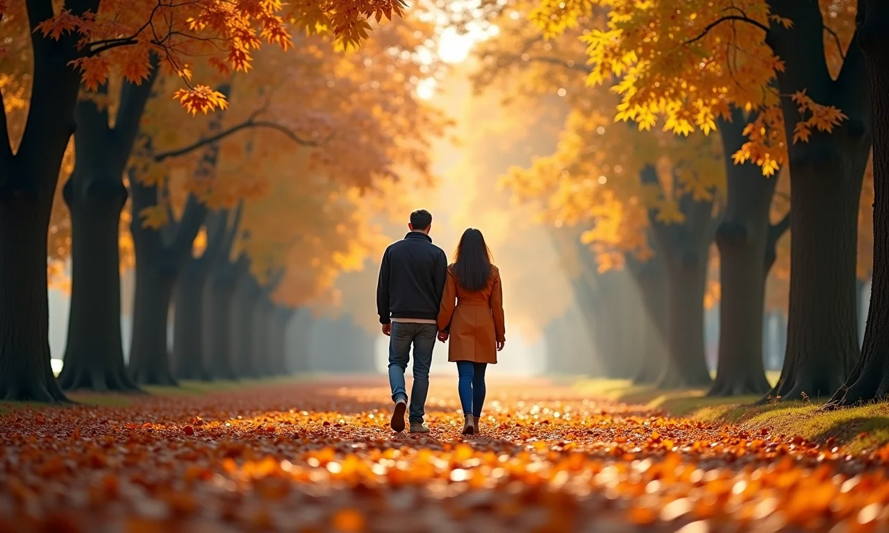 Casal caminhando em parque de Canela no outono com folhas coloridas.