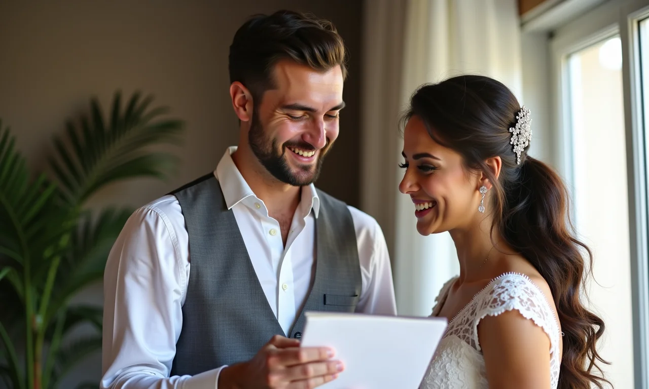 Casal conferindo checklist para escolher o local perfeito para o casamento intimista.