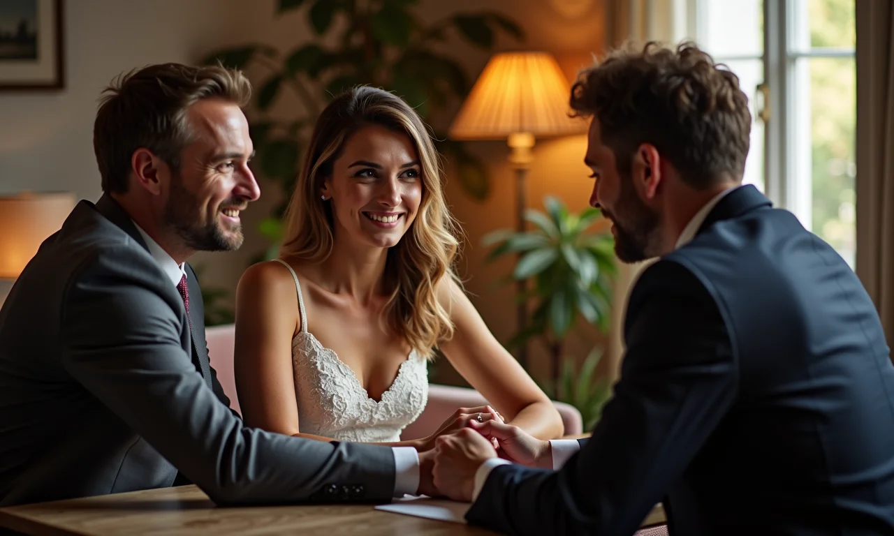 Casal conversando com músico sobre expectativas para casamento.