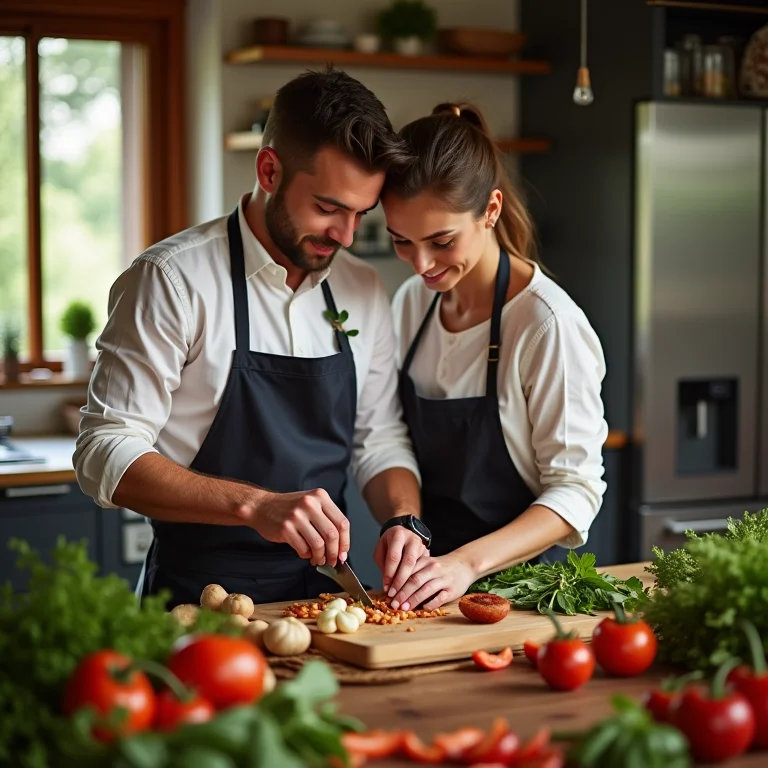 Casal cozinhando junto em cozinha gourmet