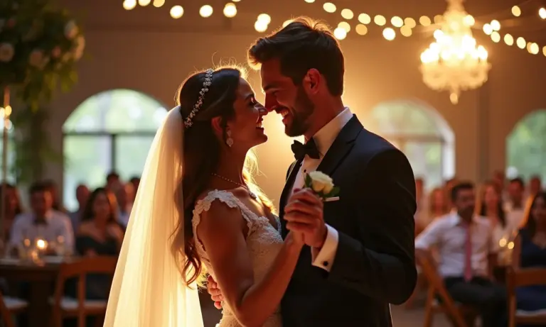 Casal dançando a primeira dança em casamento com decoração vibrante ao fundo.