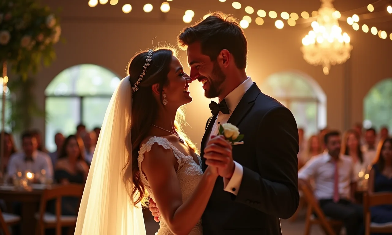Casal dançando a primeira dança em casamento com decoração vibrante ao fundo.