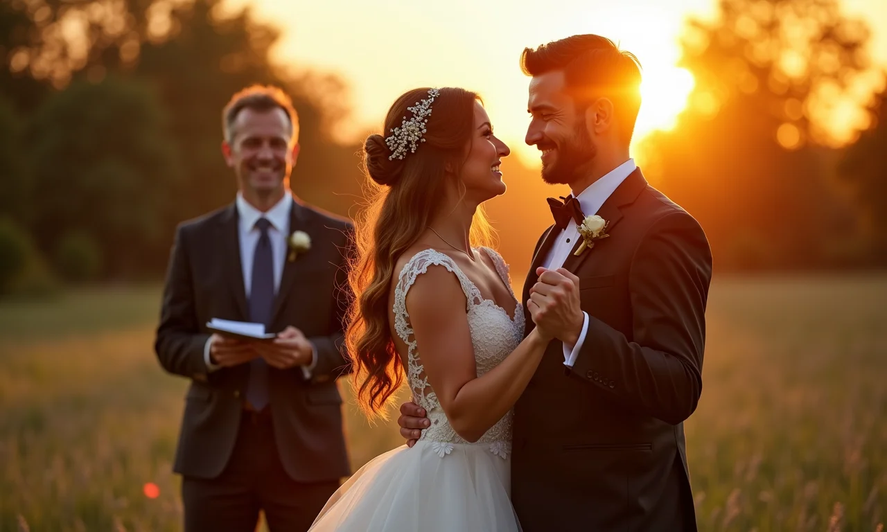 Casal dançando em casamento com celebrante amigo.