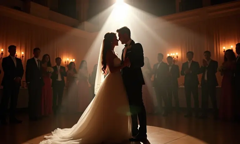 Casal dançando sob canhões de luz em recepção de casamento.