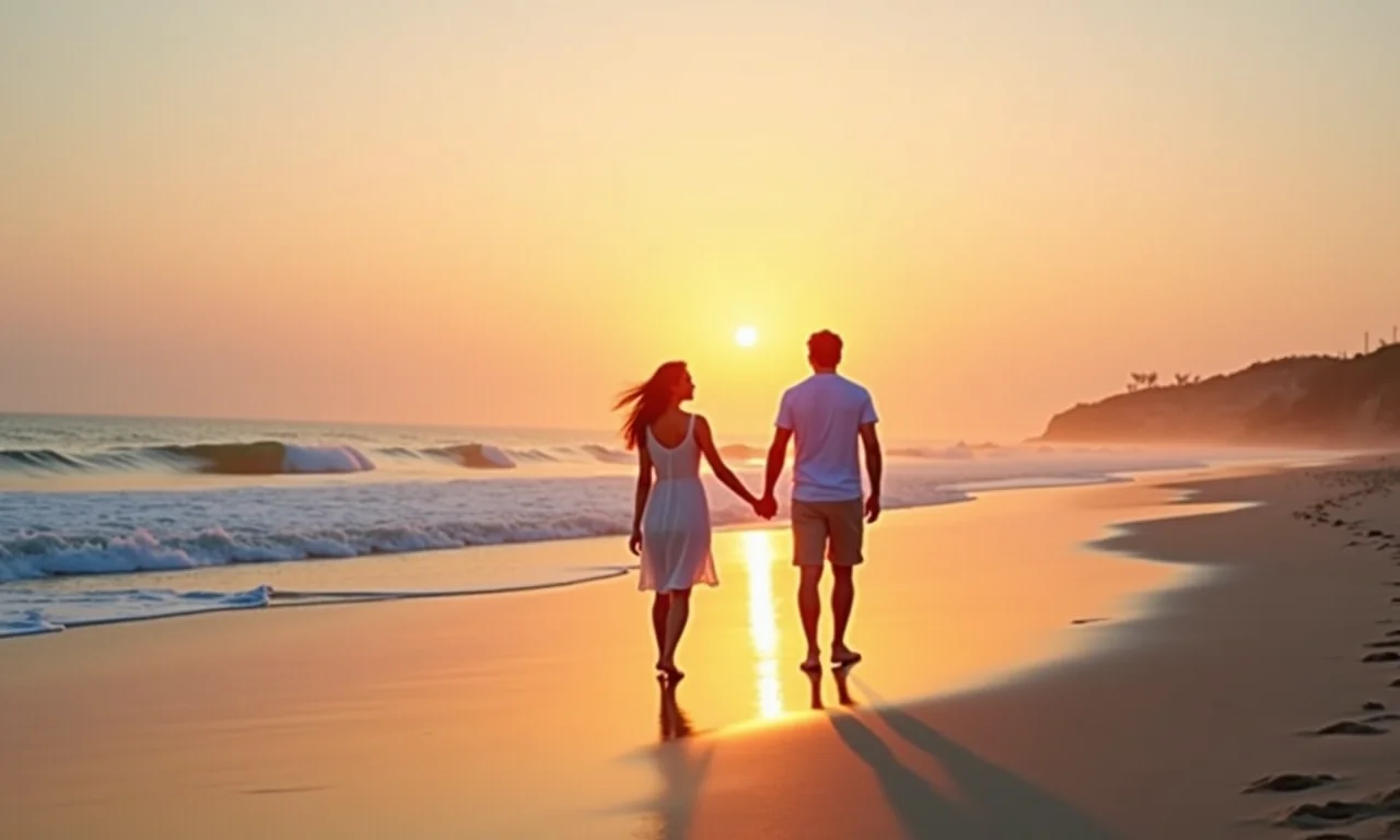 Casal de mãos dadas caminhando em uma praia durante o nascer do sol.